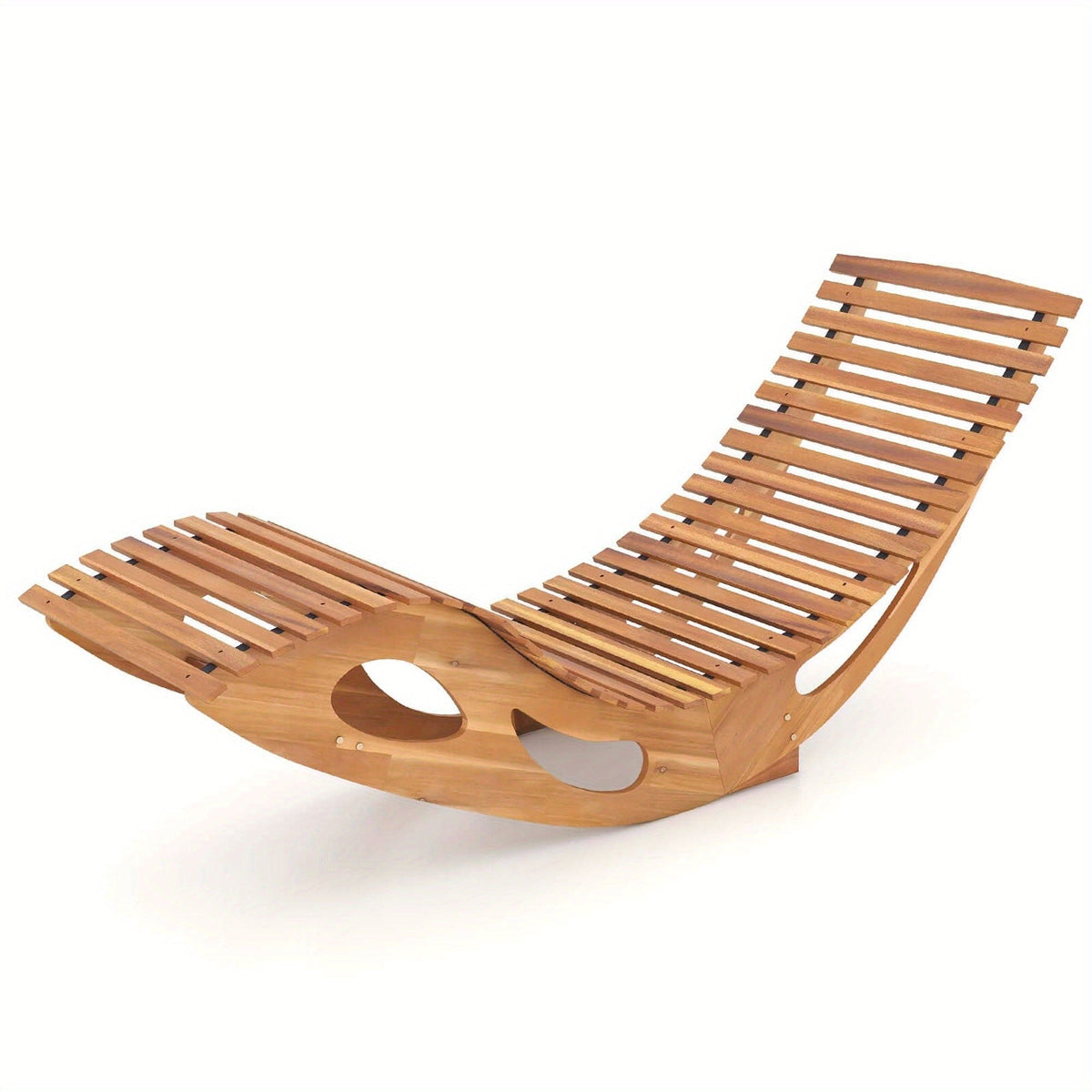 Acacia Wood Rocking Chaise Lounge Outdoor High Back Slatted Seat Stopper Patio Rocker for Deck Poolside Garden — image 12