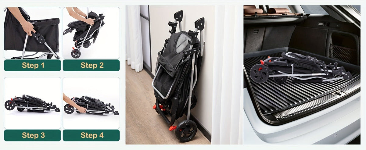 Black Three-Wheel Pet Stroller with Mesh Cabin, Front Cover, Cup Tray and Lower Storage Basket — image 7