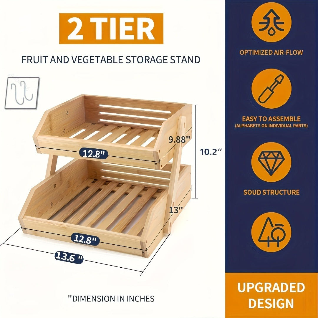 Fruit Basket Stand 2 & 3 Tier Wooden Countertop Organizer Large Capacity Kitchen Storage for Fruits Vegetables Bread Produce 