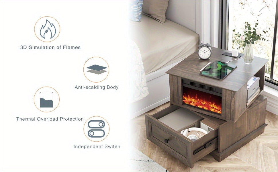 Electric Fireplace End Table Rotating 13-Inch Screen Side Table with Fast Charging Station Storage Shelf for Living Room Bedr