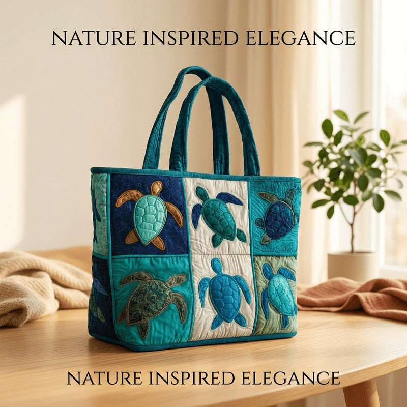 Sea Turtle Patchwork Tote Bag with Quilted Panels, Teal Handles and 17 x 15.75-Inch Checkout Size — image 13