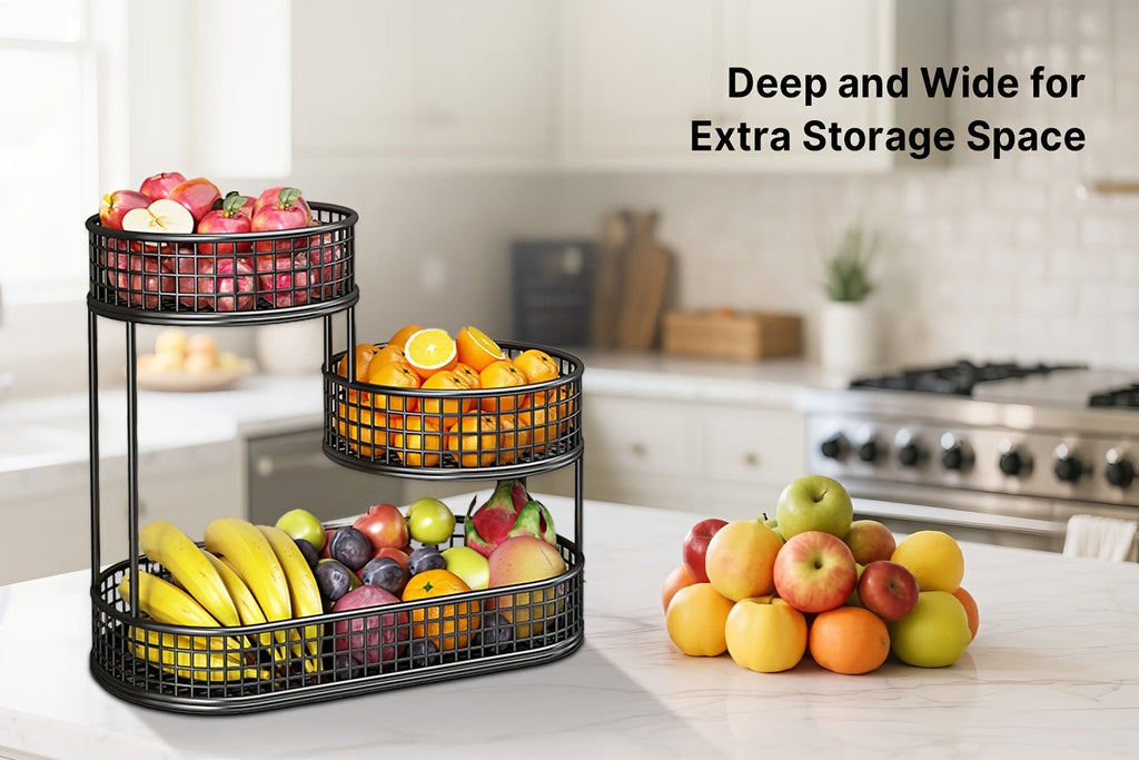 Three-Tier Black Wire Fruit Basket with Staggered Round Bowls and Rectangular Countertop Base — image 13