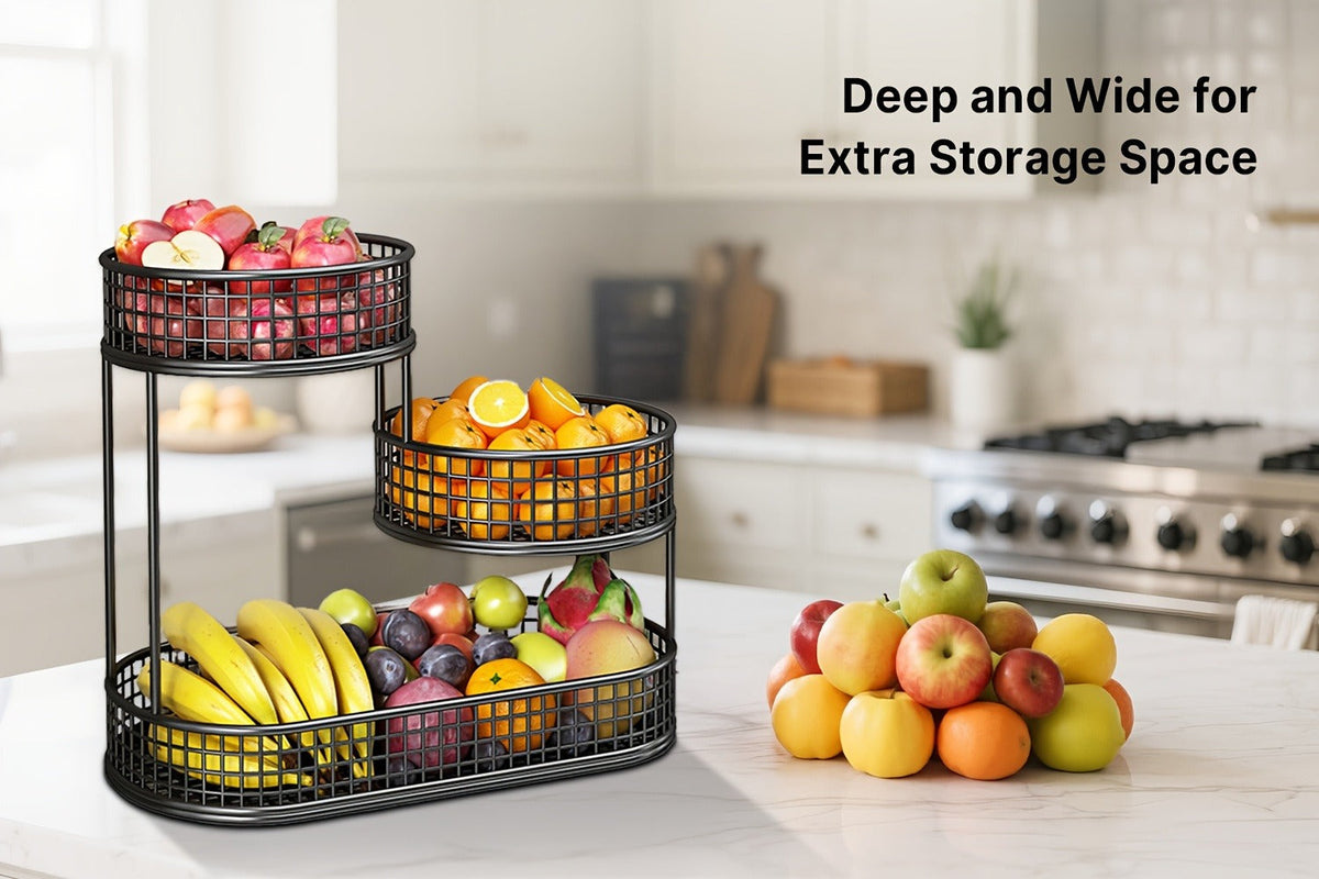 Three-Tier Black Wire Fruit Basket with Staggered Round Bowls and Rectangular Countertop Base — image 13