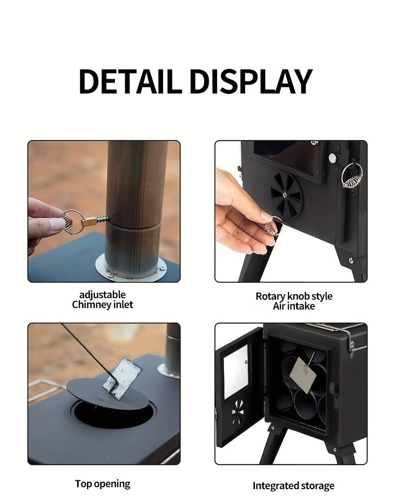 Portable Wood Stove with Chimney Pipe Set, Folding Legs, Side Shelves and Silver or Black Finish Options — image 14