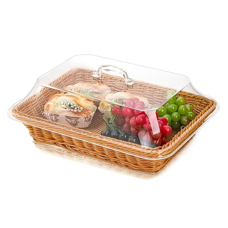 Wicker Bread Basket with Clear Acrylic Lid Rattan Storage Basket Washable Food Tray for Bread Fruit Desserts Kitchen Picnic H