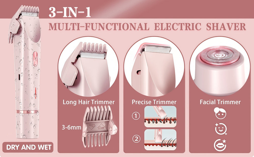 Electric Hair Trimmer for Women Dual Head IPX7 Waterproof USB Rechargeable Painless Bikini Trimmer Face Body Shaver Arms Legs