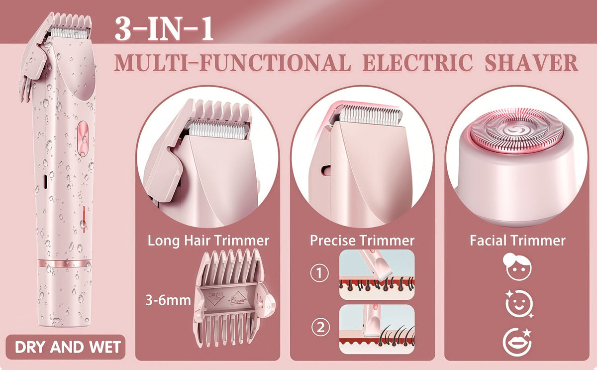 Electric Hair Trimmer for Women Dual Head IPX7 Waterproof USB Rechargeable Painless Bikini Trimmer Face Body Shaver Arms Legs