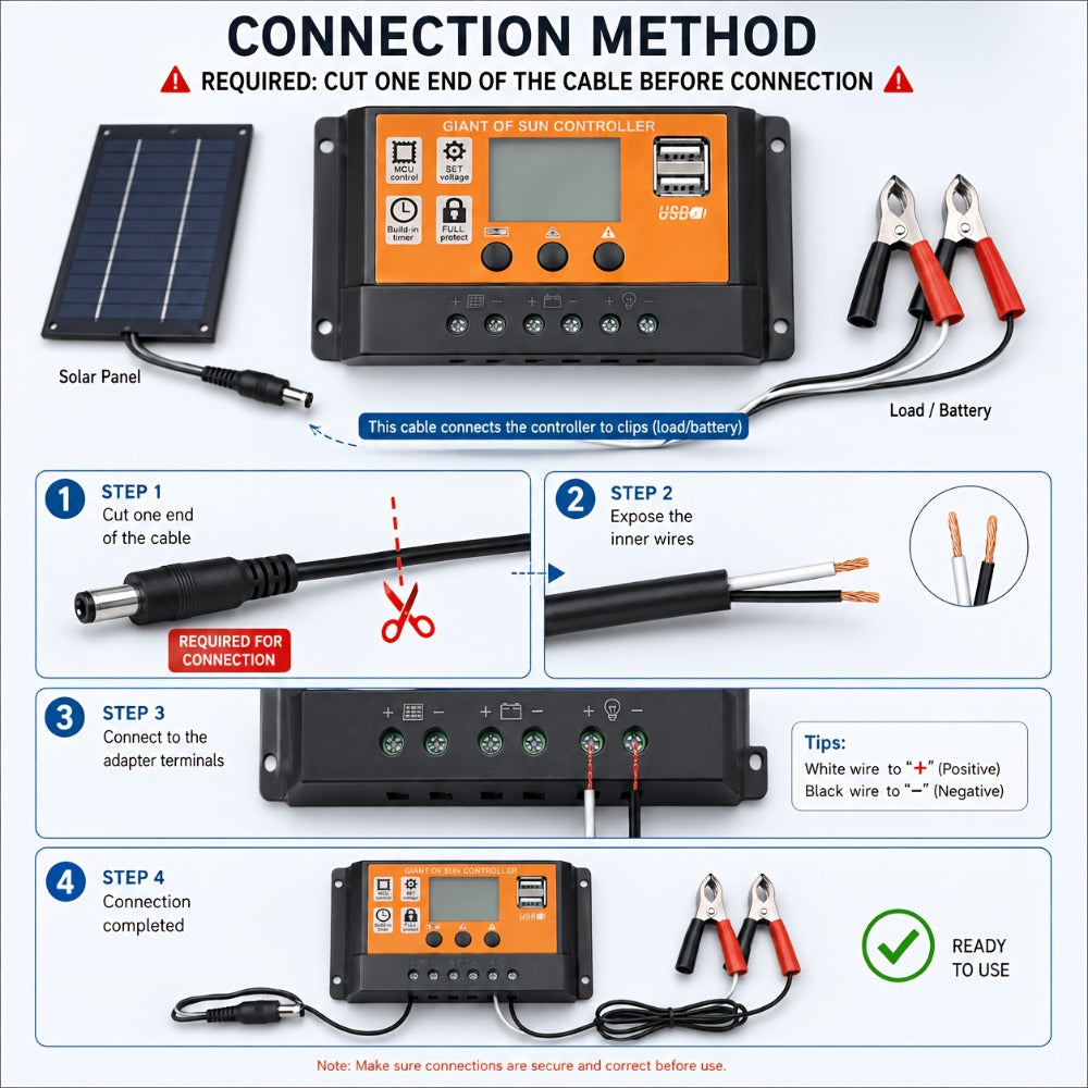Solar Panel Kit with Charge Controller, Extension Cord & Battery Clamps – Universal Off-Grid Power for RV, Boat, Motorcycle —