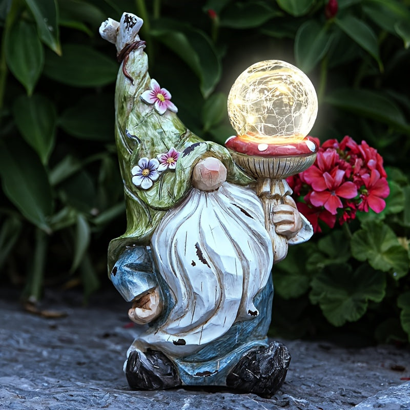 Solar Garden Gnome Statue with LED Magical Ball Light Outdoor Resin Dwarf Sculpture IP44 Waterproof Spring Yard Patio Decor H