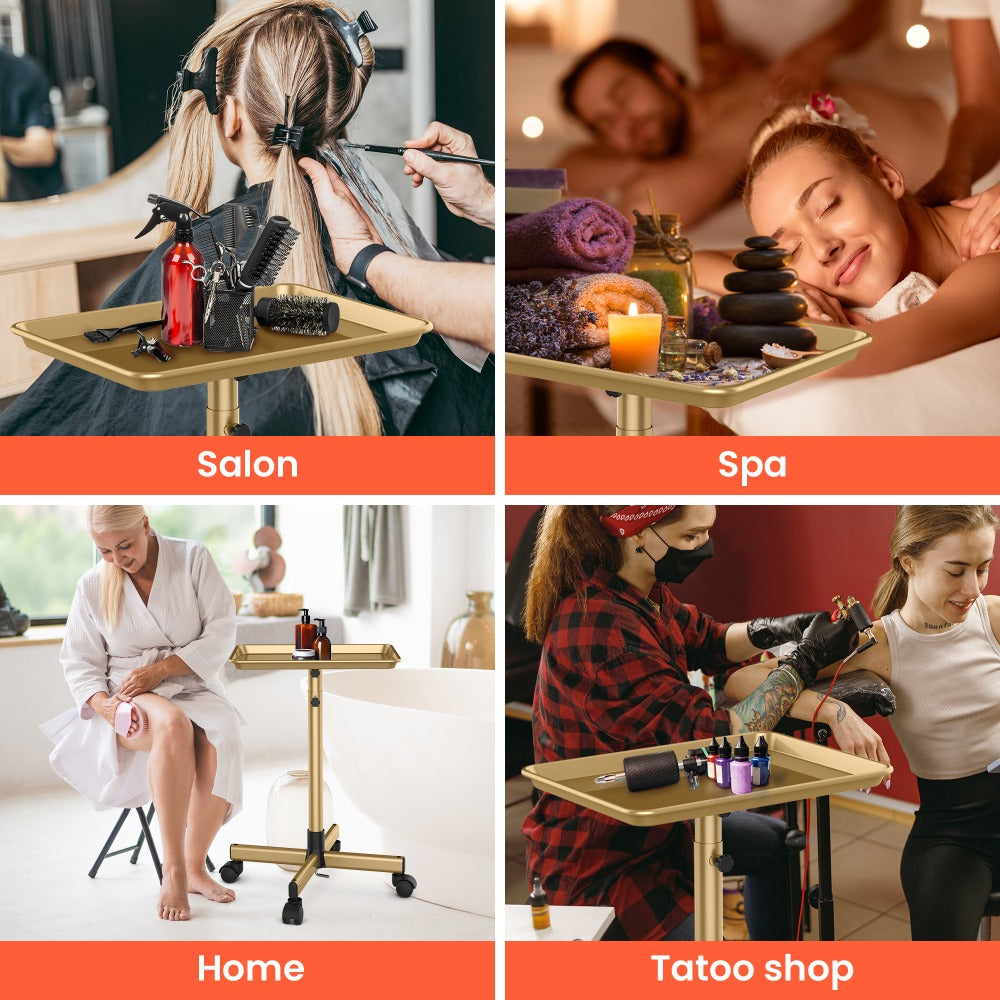 Rolling Salon Tray Cart on Wheels Adjustable Height 17.9x12.8 Inch Mobile Stylist Tray Table for Spa Tattoo Studio Blowdry Ba