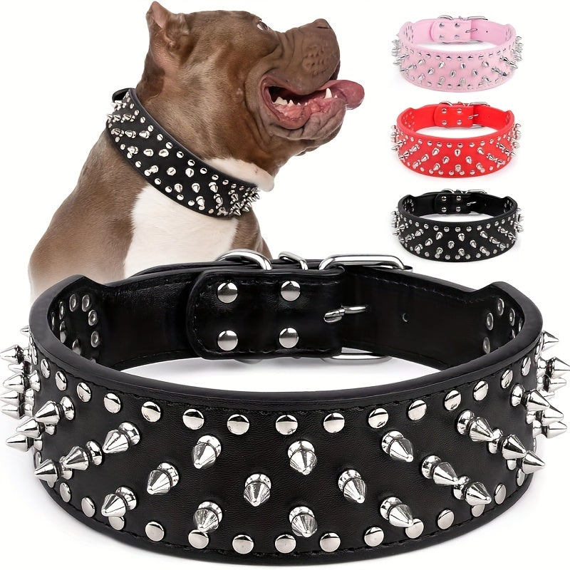 Wide Studded Dog Collar with Faux-Leather Band, Metal Spikes and Rivets in Six Colors, Sizes M and L — image 11