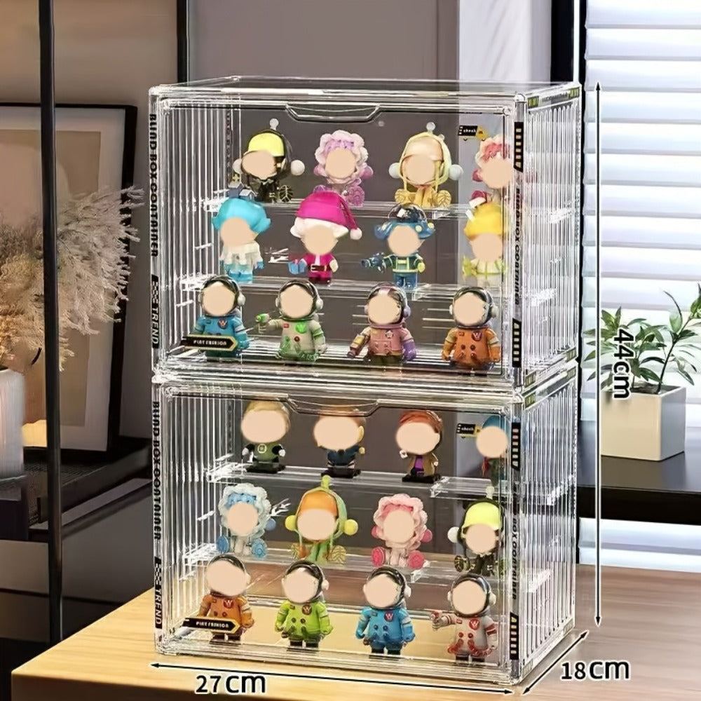 Acrylic Display Case for Figures 3 & 4 Tiers with Adjustable Dividers – Clear Dust-Proof Showcase Box with Magnetic Door for 