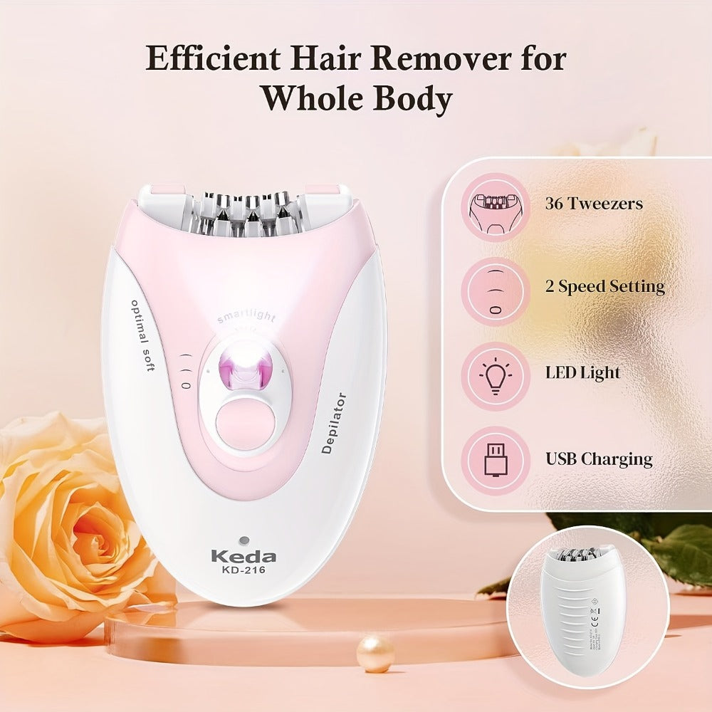 Electric Epilator for Women USB Rechargeable 2-Speed Painless Hair Removal – Stainless Steel Blades Cordless Portable Body Ha