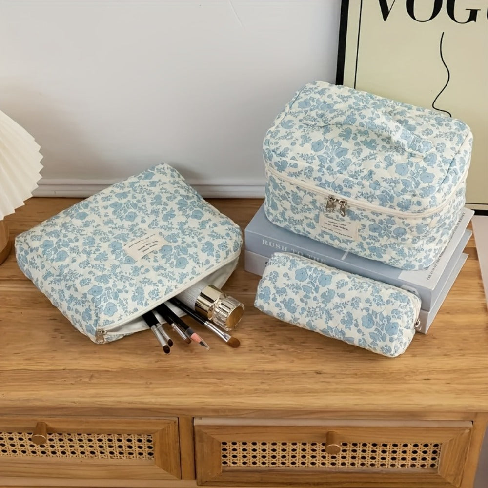 Quilted Makeup Bag Set 3 Pcs Floral Pattern Large Capacity Travel Cosmetic Organizer with Gold Zipper – Polyester Skincare To