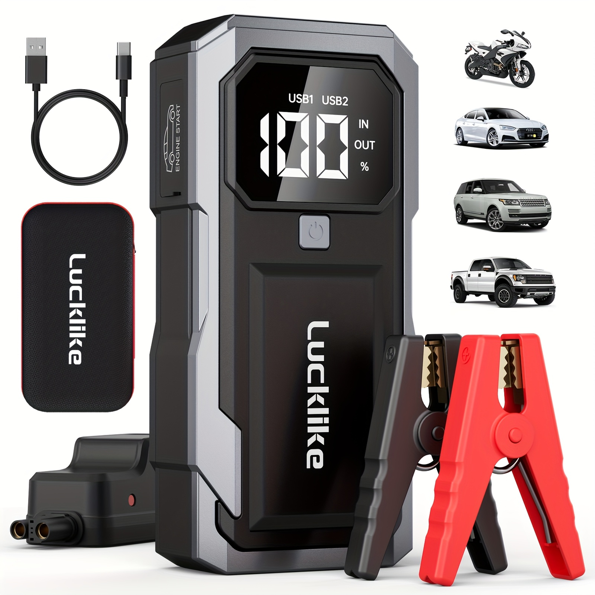 Battery Jump Starter 5000A 3000A Peak for Gas Diesel Engines QC3.0 18W Fast Charge USB-C Recharge for Garden, Patio and Yard 