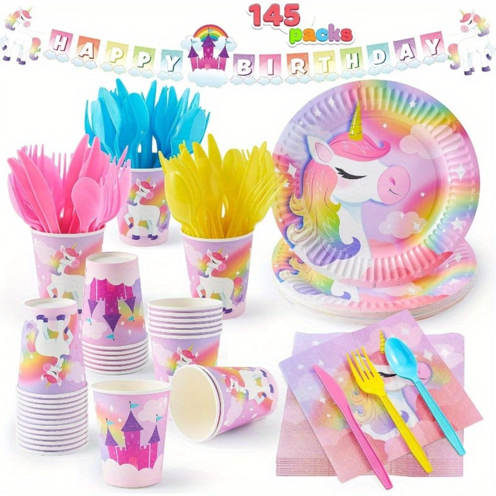 Unicorn Tableware Party Supplies Set with 145 Pieces for 24 Settings, Cups, Cutlery and Banner — image 1