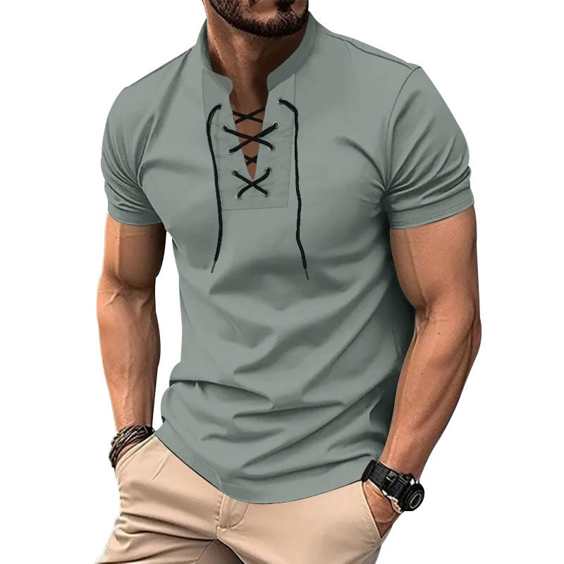 Men's Thin V-neck V-tie Casual Sporty Short Sleeve