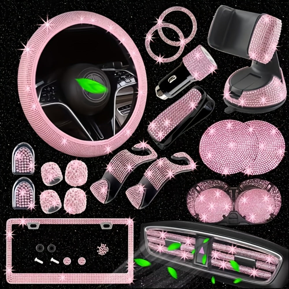 27pcs Bling Car Accessories Set for Women – Steering Wheel Cover 15", Car Coasters, License Plate Frame & Phone Holder — imag