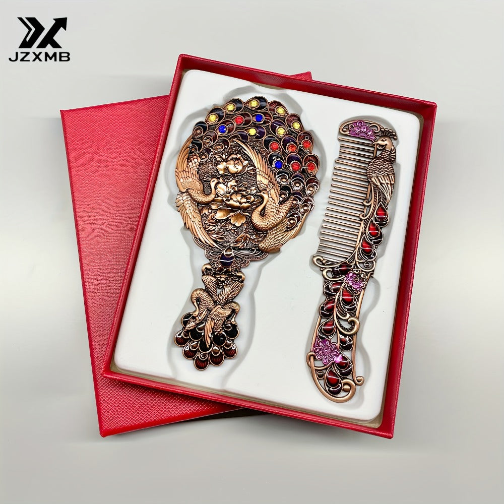 Vintage Peacock Hair Comb and Mirror Set 2 Pcs – Fine-Tooth Stainless Steel Decorative Butterfly Flower Portable Handheld Mir