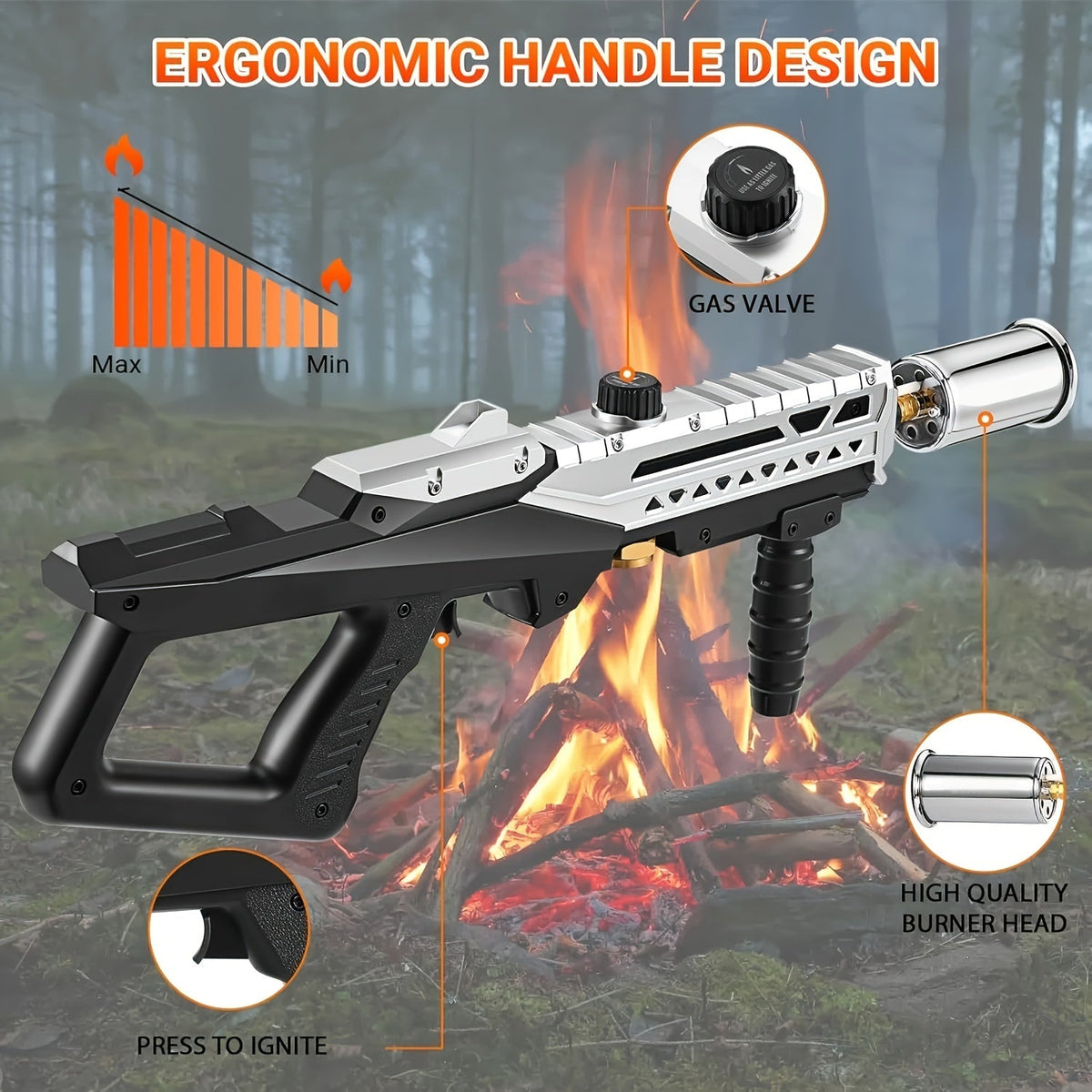 Long-Handle Propane Grill Torch with Adjustable Flame, Trigger Ignition and Silver-Black Finish — image 2