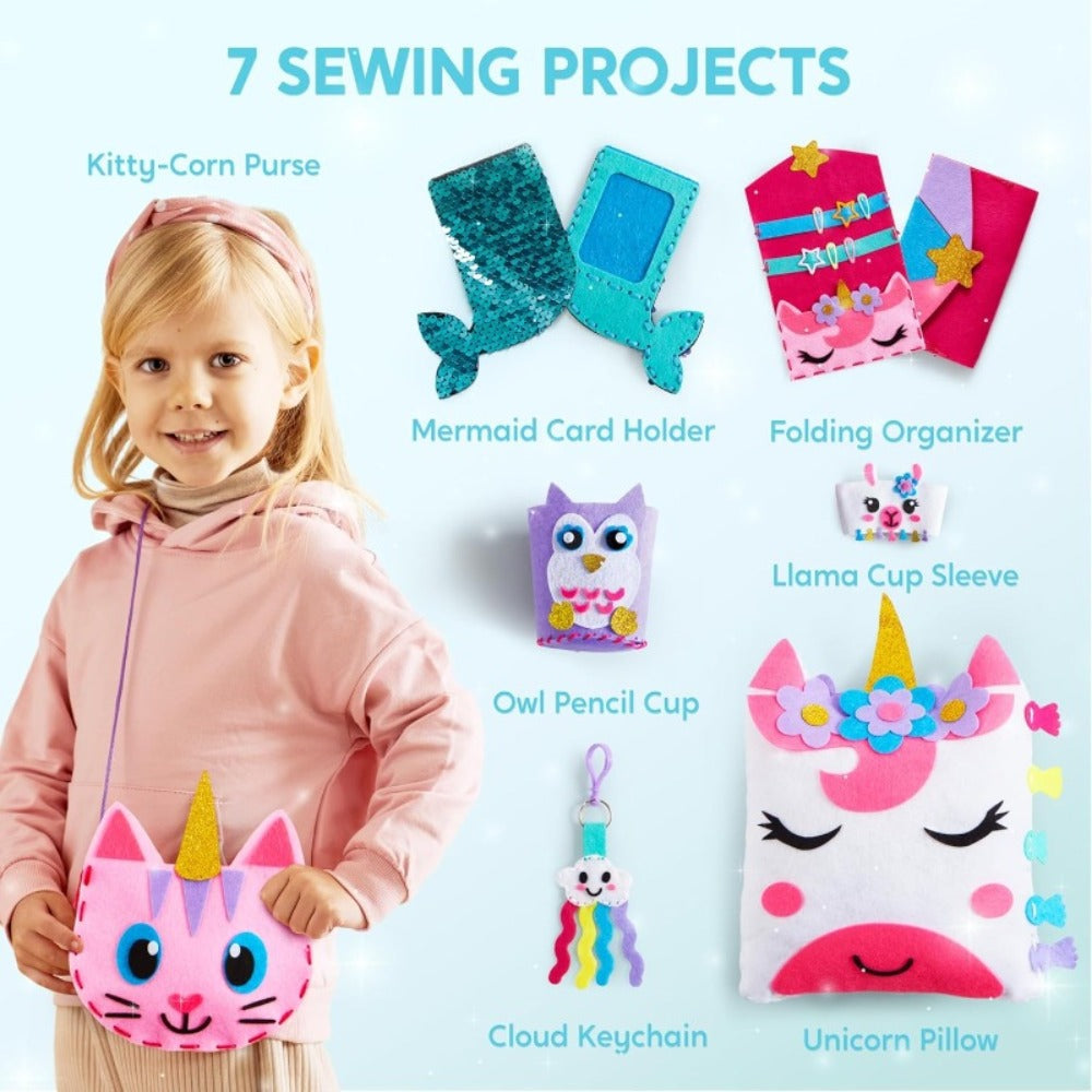 Kids Sewing Kit for Beginners 7 Felt Craft Projects, Pre-Punched Holes Safe Needles Mini Pillow Keychain Card Holder Cup Slee