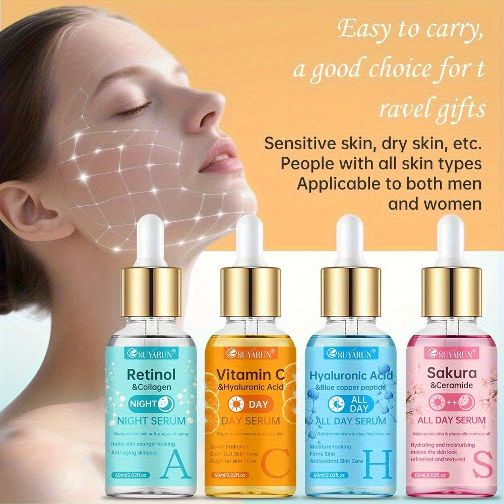 Face Serum Set 4-Piece Day & Night with Vitamin C Retinol Hyaluronic Acid Ceramide - Deep for Bath Time, Home Spa and Persona