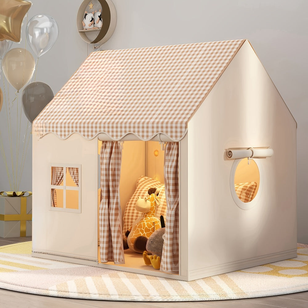 Kids Play Tent Cabin Style for Indoor Outdoor – Checked Polyester Playhouse for Toddlers Ages 2-6, Imaginative Role Play Pret