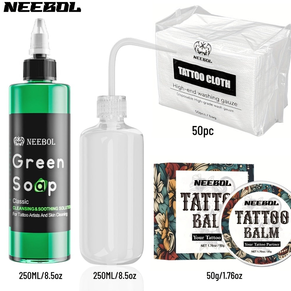 Tattoo Green Soap Cleaning Kit Neebol 8.5oz Concentrated Soap Squeeze Bottle Moisturizing Balm Cream Lint-Free Wipes Complete