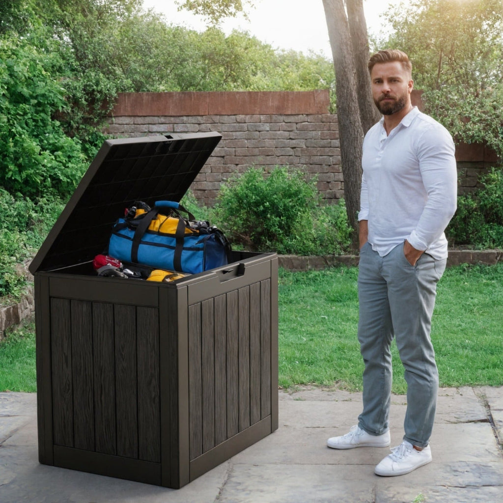 Outdoor Resin-Style Deck Box in 35- or 45-Gallon Sizes with Lockable Lid, Side Handles and Two Colors — image 3
