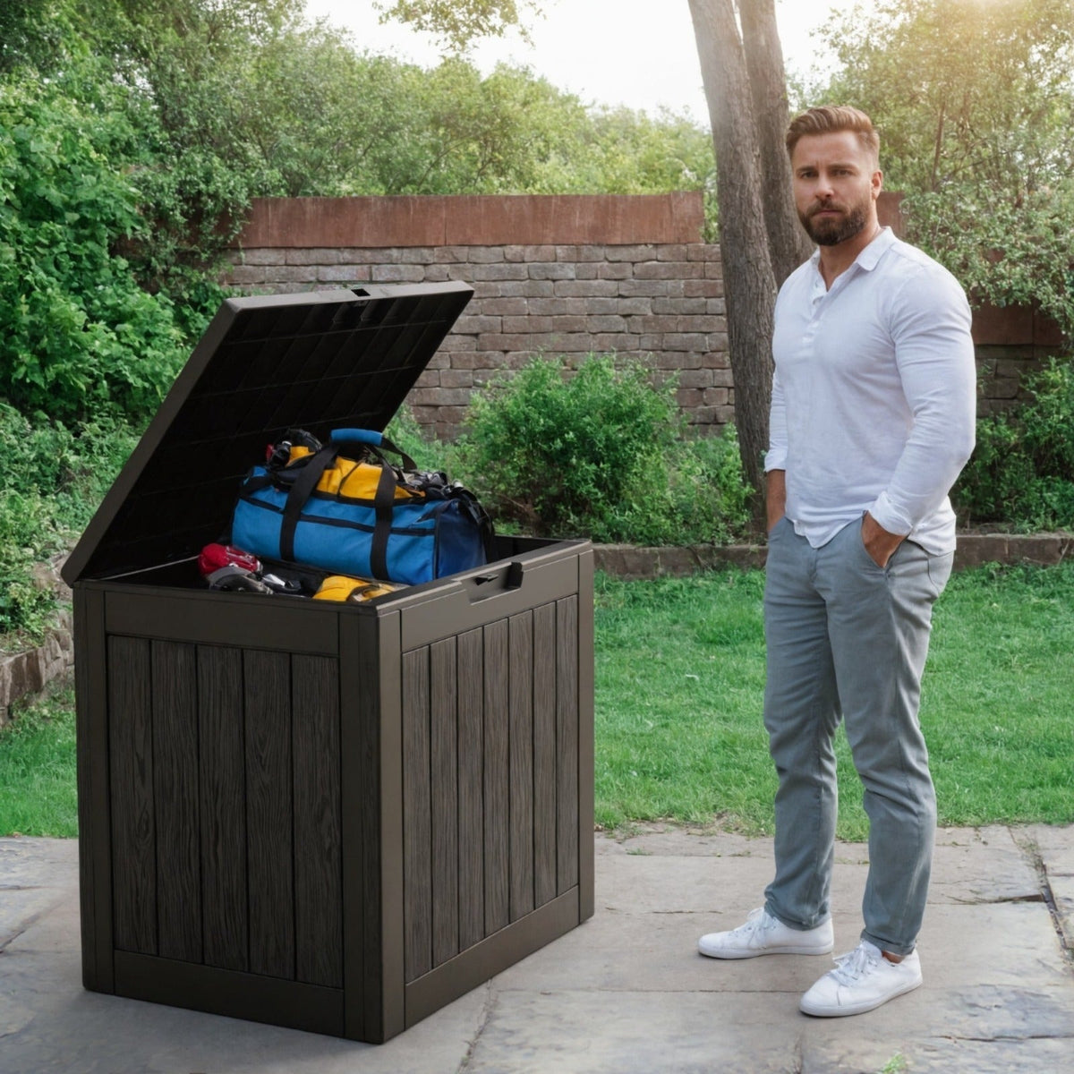 Outdoor Resin-Style Deck Box in 35- or 45-Gallon Sizes with Lockable Lid, Side Handles and Two Colors — image 3