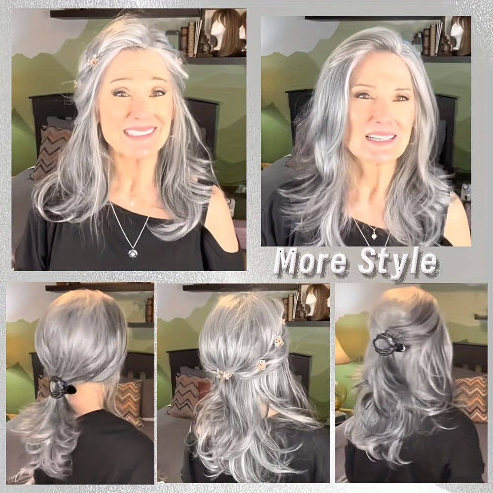 Synthetic Wig 18-Inch Layered Silvery Waves with Highlights in Two Colors and Rose Net Cap — image 11