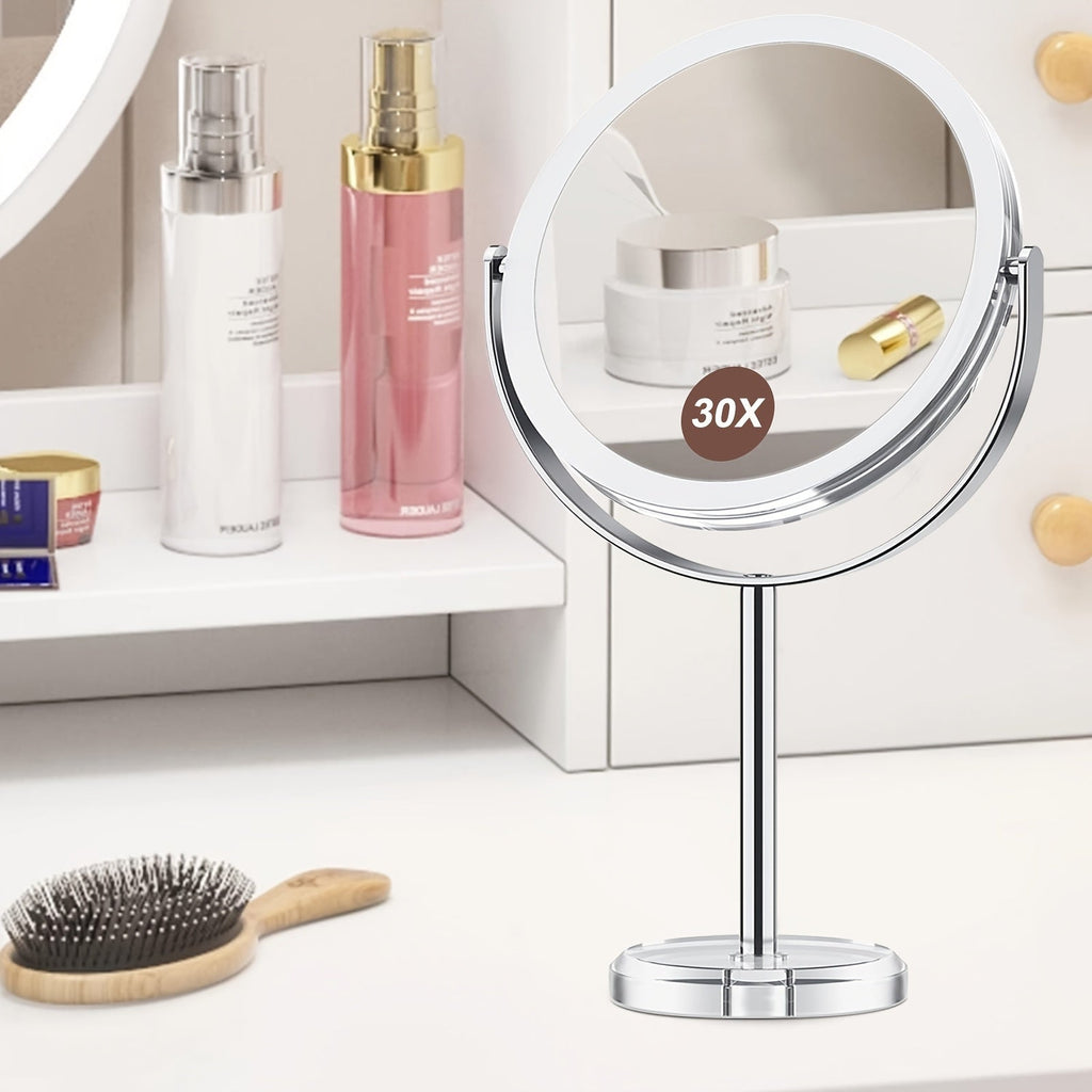 Makeup Mirror Dual-Sided 1X and 30X Round Chrome-Finish Stand with 360° Rotation and Detachable Frame — image 1