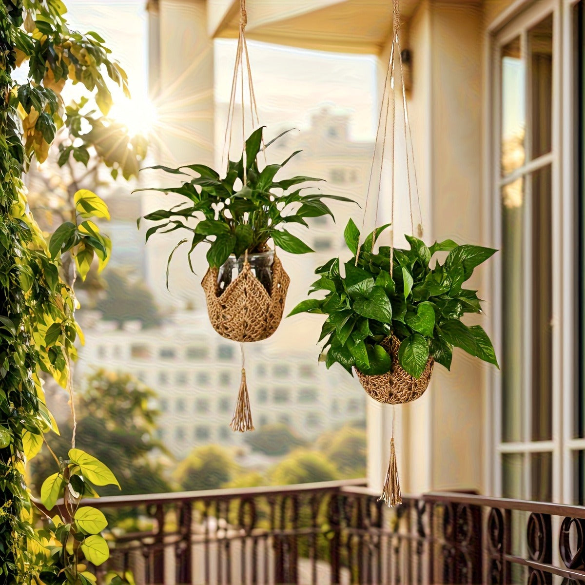 Macrame Plant Hanger with Tassels, Bohemian Cotton Rope Crochet Wall Basket, Indoor Outdoor Hanging Planter with Hooks, Boho 