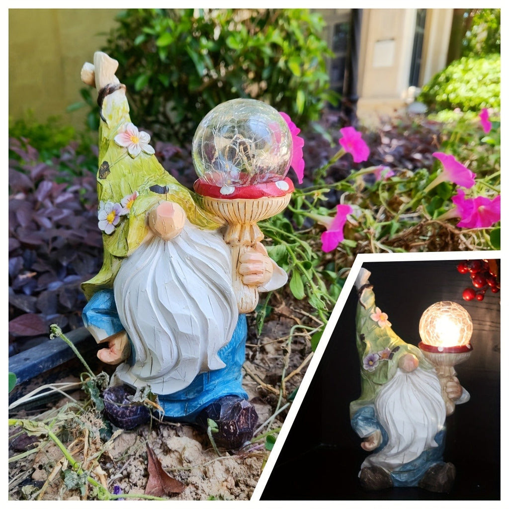 Solar Garden Gnome Statue with LED Magical Ball Light Outdoor Resin Dwarf Sculpture IP44 Waterproof Spring Yard Patio Decor H