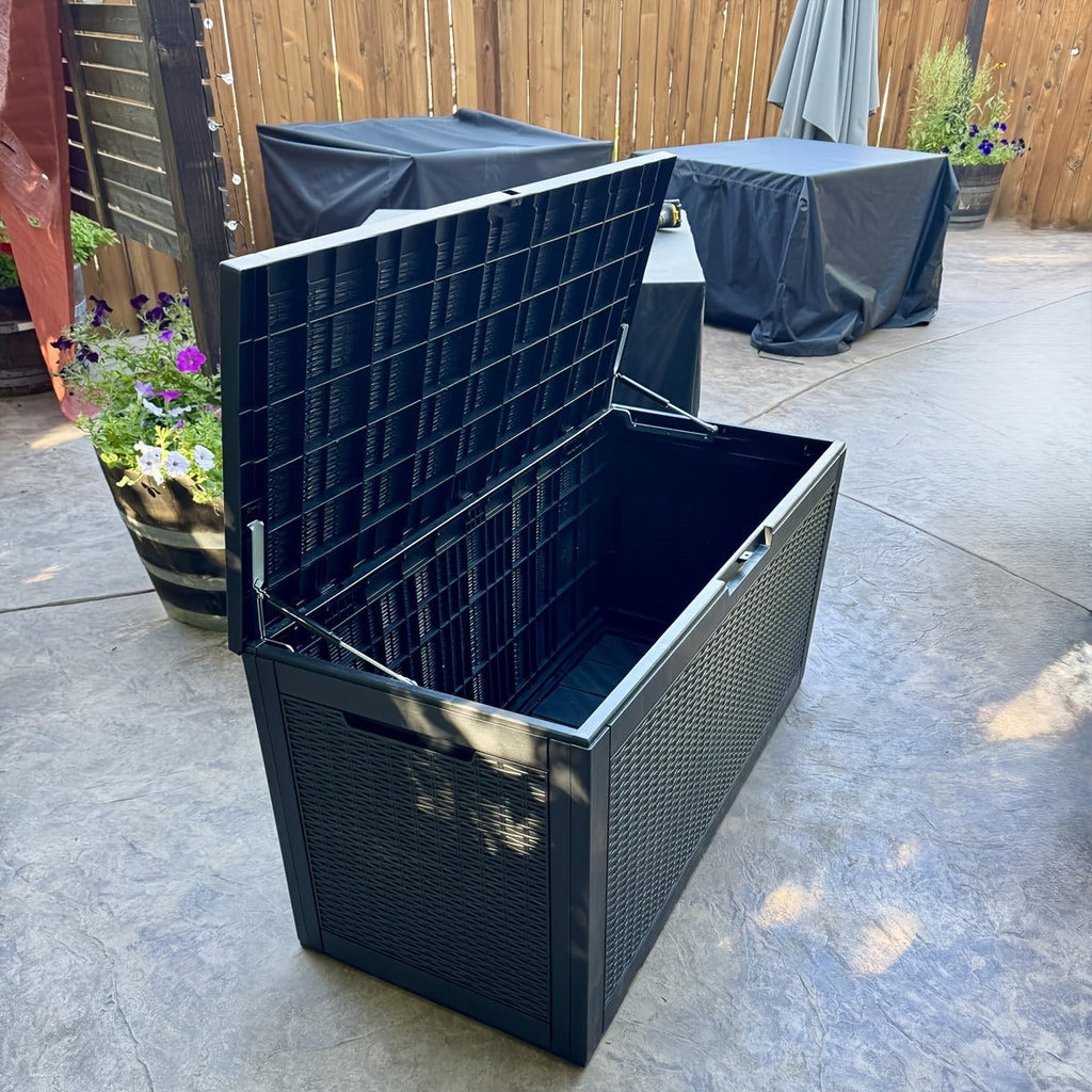 100-Gallon Rattan-Style Outdoor Deck Box with Lockable Lid, Lift Supports and Black Finish — image 12