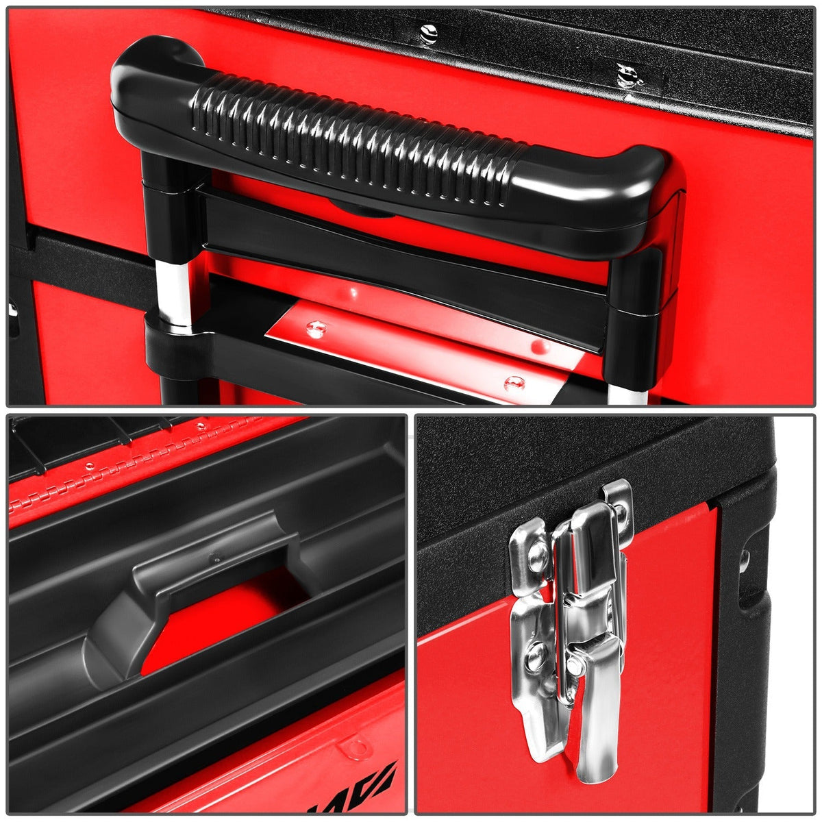 Rolling Tool Box 3-Tier Stackable Portable Toolbox with Wheels 19.5x12x28.5 Inch Steel PP 3-in-1 Detachable Compartments Meta