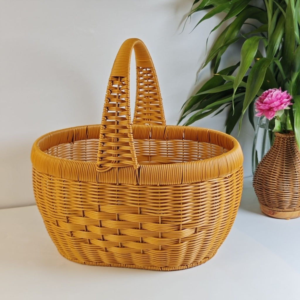 Rattan Basket Woven Shopping Basket with Handle – Extra Large Handcrafted Picnic Basket for Fruits, Eggs, Vegetables — image 