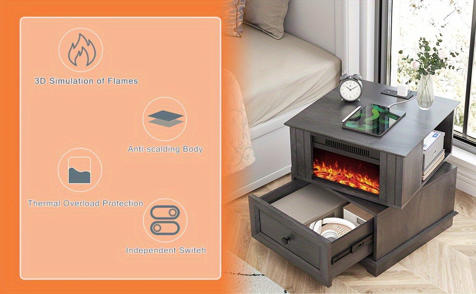 Electric Stove Heater End Table Rotatable Fireplace Side Table 1400W 4800 BTU Indoor Heater with Storage for Garden, Patio an