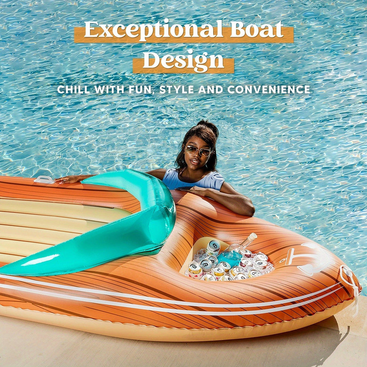 Pool Float Boat-Shaped Two-Person Raft, Over Eight Feet with Built-In Cooler, Two Handles and Tow Point — image 14