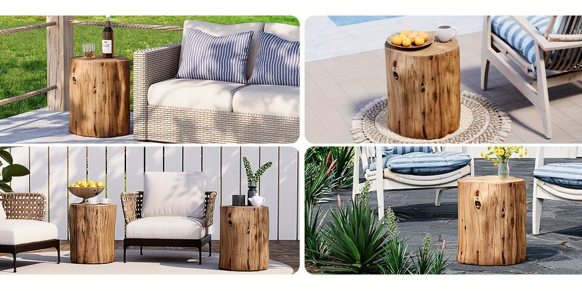 Outdoor Side Table Faux Wood Tree-Stump Design in Magnesia with Cylindrical Form and Brown Finish — image 13