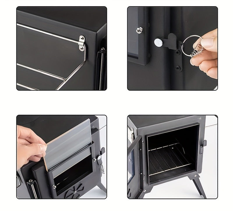 Portable Wood Stove with Chimney Pipe Set, Folding Legs, Side Shelves and Silver or Black Finish Options — image 15
