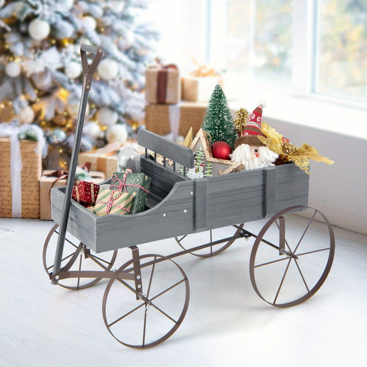 Wooden Flower Stand with 4 Wheels, Rolling Plant Trolley for Garden, Balcony & Terrace, for Garden, Patio and Yard Use — imag