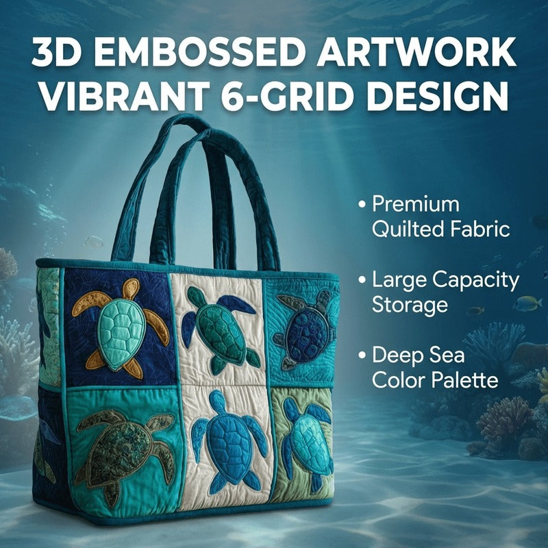 Sea Turtle Patchwork Tote Bag with Quilted Panels, Teal Handles and 17 x 15.75-Inch Checkout Size — image 14