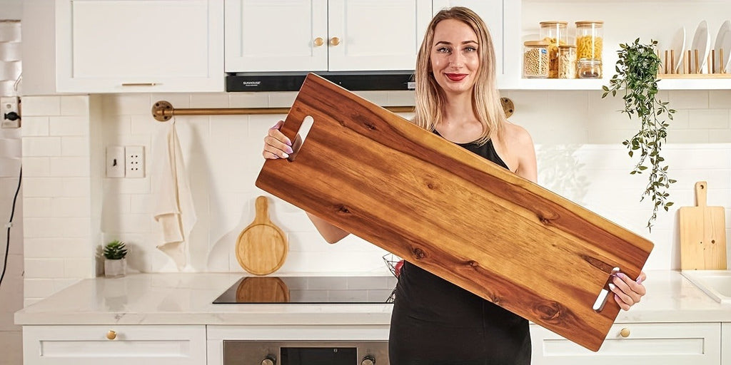 Extra-Long 36 x 11-Inch Wood-Color Charcuterie Board with Recessed Handles and Two Display Stands — image 14