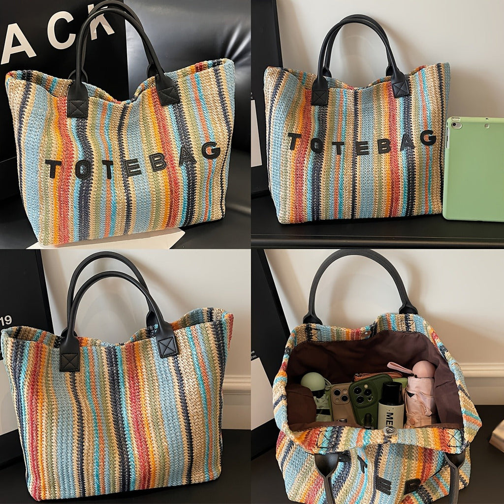 Straw Tote Bag for Women Large Capacity Bohemian Hand-Woven Striped Beach Bag Summer Vacation Shoulder Bag Colorful Letter Pa