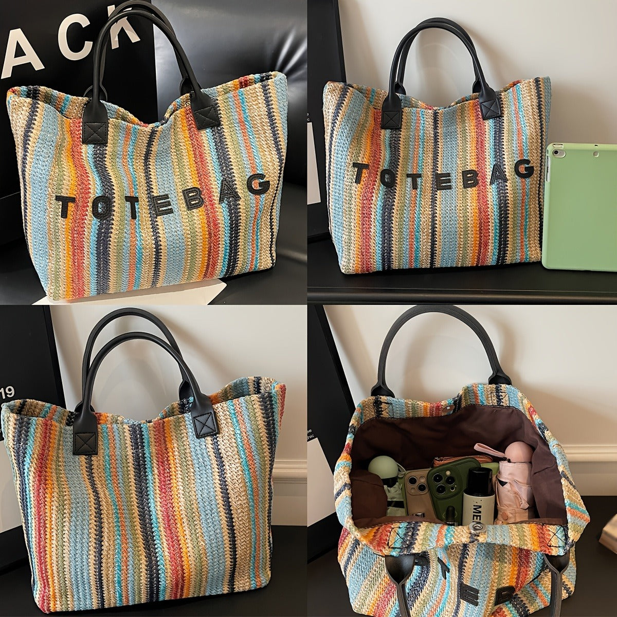 Straw Tote Bag for Women Large Capacity Bohemian Hand-Woven Striped Beach Bag Summer Vacation Shoulder Bag Colorful Letter Pa
