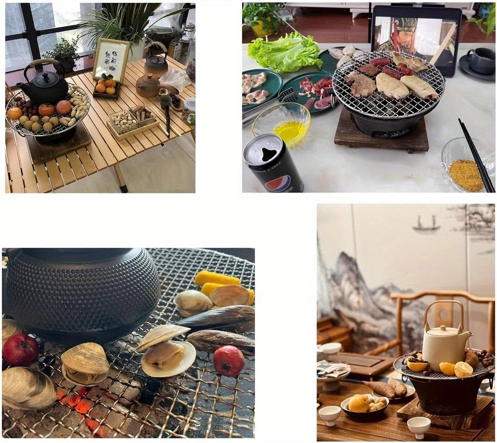 10.6-Inch Round Charcoal Grill Set with Cast-Iron Body, Cooking Grid, Wooden Base and Tongs — image 14