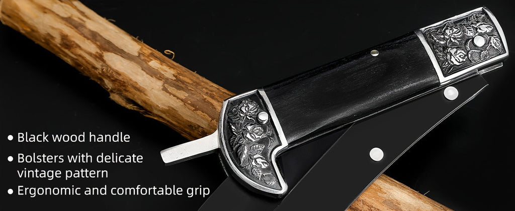 Folding Sickle Stainless Steel Flat Edge Blade with Black Wood Handle & Double Bolsters for Garden, Patio and Yard Use — imag