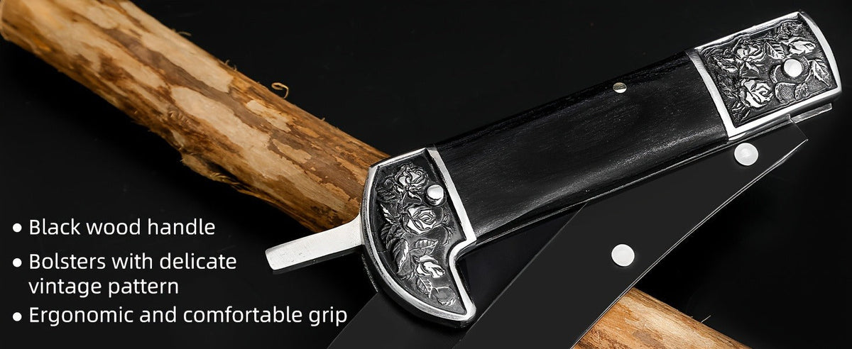 Folding Sickle Stainless Steel Flat Edge Blade with Black Wood Handle & Double Bolsters for Garden, Patio and Yard Use — imag
