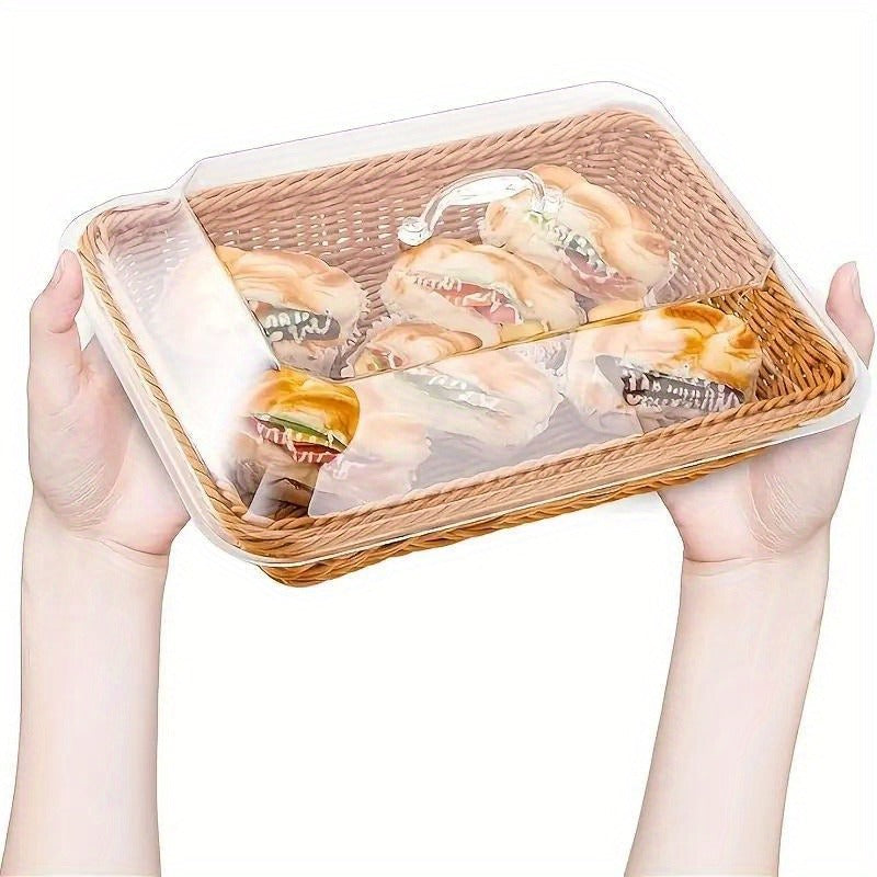 Wicker Bread Basket with Clear Acrylic Lid Rattan Storage Basket Washable Food Tray for Bread Fruit Desserts Kitchen Picnic H